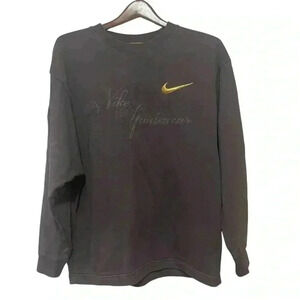NIKE  Womens Dk Gray crew sweatshirt gold logo embellished top stitch patch Sz M